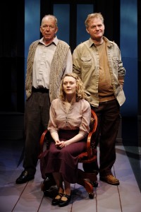 The cast of the Irish Repertory Theatre production of Brian Friel's Molly Sweeney, at the Long Wharf Theatre through Oct. 16.The actors never share a stage in the play, though they're not spaced too far apart on their separate playing areas..