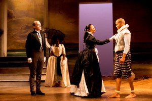 Imagine this tableau with the guy on the right in a wheelchair. David Adkins, Nakeisha Daniel, Susan Kelechi Watson and Darius de Haas in Mark Lamos' production of Twelfth Night, through Nov. 5 at Westport Country Playhouse. Photo by T. Charles Erickson.