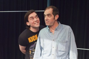 Rehearsal shot of Cain, DisAbled, from Jaques Lamarre Has Gone Too Far at the Hole in the Wall Theatre.