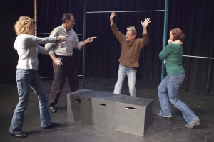 Rehearsal photo from the Jacques Lamarre Has Gone Too Far, the title one-act of the four-play evening Jacques Lamarre Has Gone Too Far, Nov. 18-Dec. 10 at New Britain's Hole in the Wall.