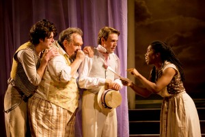 Justin Kruger (Fabian), David Schramm (Toby Belch), Jordan Coughtry (Andrew Aguecheek) and Donnetta Lavinia Grays (Maria) in the vaguely Edwardian-styled Twelfth Night at the Westport Country Playhouse through November 5.  Photo by T. Charles Erickson.