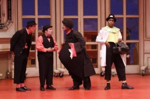 Steven Epp, Don Darryl Rivera, Allen Gilmore and Daniel Breaker in the Intiman Theatre production of Moliere’s A Doctor in Spite of Himself in September 2010. Epp (in the role of Sgaranelle played in Seattle by Breaker) and Gilmore are in the forthcoming Yale Repertory Theatre production of the show, Nov. 26-Dec. 17. Photo by Chris Bennion.