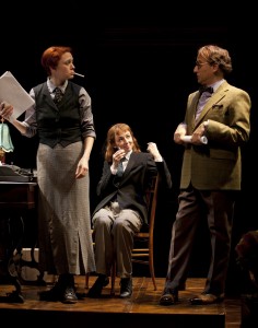 Stephanie Hayes as Erika Mann, Kristen Sieh as Carson McCullers and Erik Lochtefeld as W.H. Auden in the musical Februrary House at Long Wharf Theatre. Photo by T. Charles Erickson.