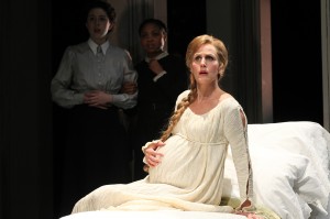 Susannah Schulman as Hermione, Queen of Sicilia (with Adina Verson and Sheria Irving as her attendants), in the Yale Rep production of Shakespeare's The Winter's Tale, directed by Liz Diamond and playing through April 7 at the Yale Repertory Theatre. Photo by Joan Marcus.