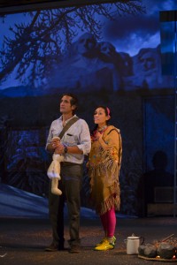 Rene Millan as Juan Jose and Nicole Shalhoub as a braces-sporting teenaged Sacagawea in American Night—The Ballad of Juan Jose at Yale Repertory Theatre. T. Charles Erickson photo.