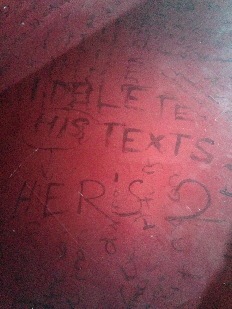 A section of floor from the Bound to Burn set. Note reference to "texts." Furtive Chris Arnott photo.