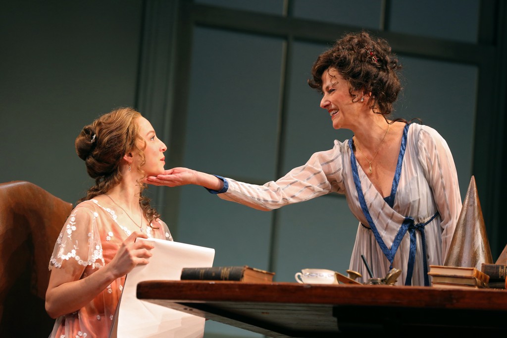 Rebekah Brockman as Thomasina Coverly and Felicity Jones as Lady Croom in the Yale Repertory Theatre production of Tom Stoppard's Arcadia. Photo by Joan Marcus.